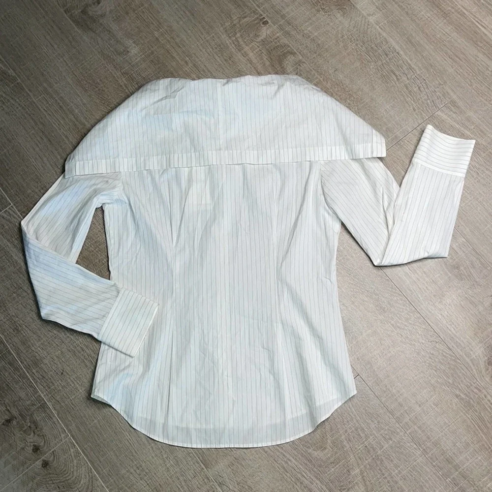 THEORY Doherty Black White Porter Stripe Button Front Off Shoulder Womens Medium - Picture 9 of 10